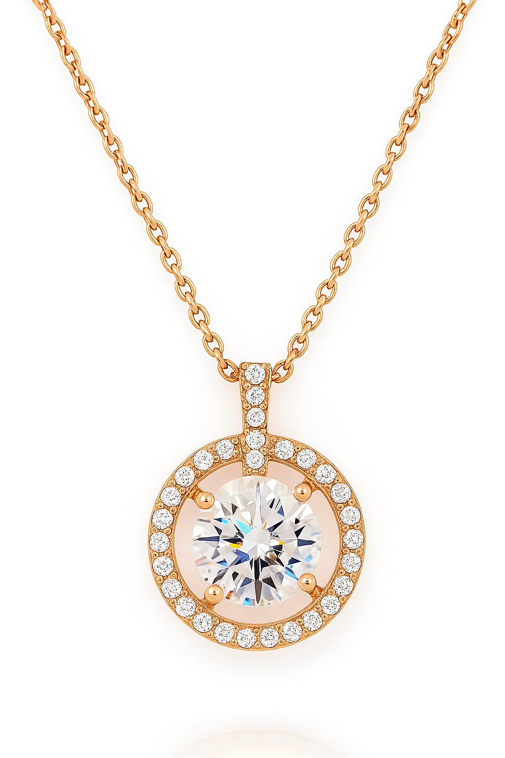 Rose Gold Plated Halo Pendant Necklace for Women – Elegant Round CZ Diamond Design