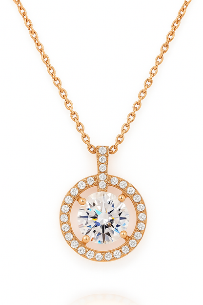 Rose Gold Plated Halo Pendant Necklace for Women – Elegant Round CZ Diamond Design