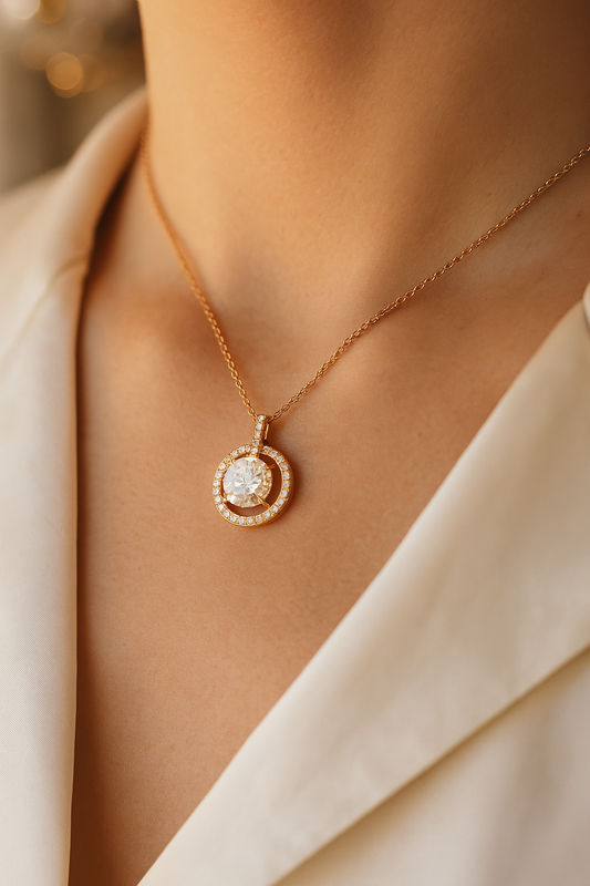 Rose Gold Plated Halo Pendant Necklace for Women – Elegant Round CZ Diamond Design