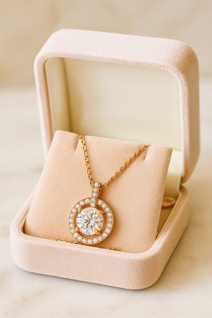 Rose Gold Plated Halo Pendant Necklace for Women – Elegant Round CZ Diamond Design