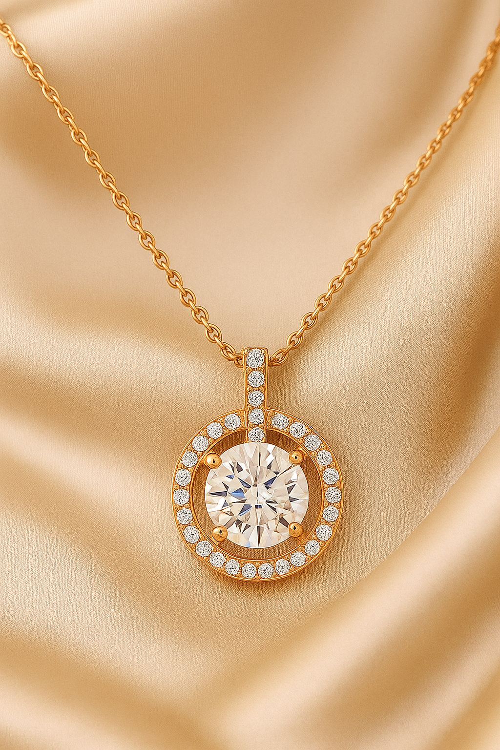 Rose Gold Plated Halo Pendant Necklace for Women – Elegant Round CZ Diamond Design