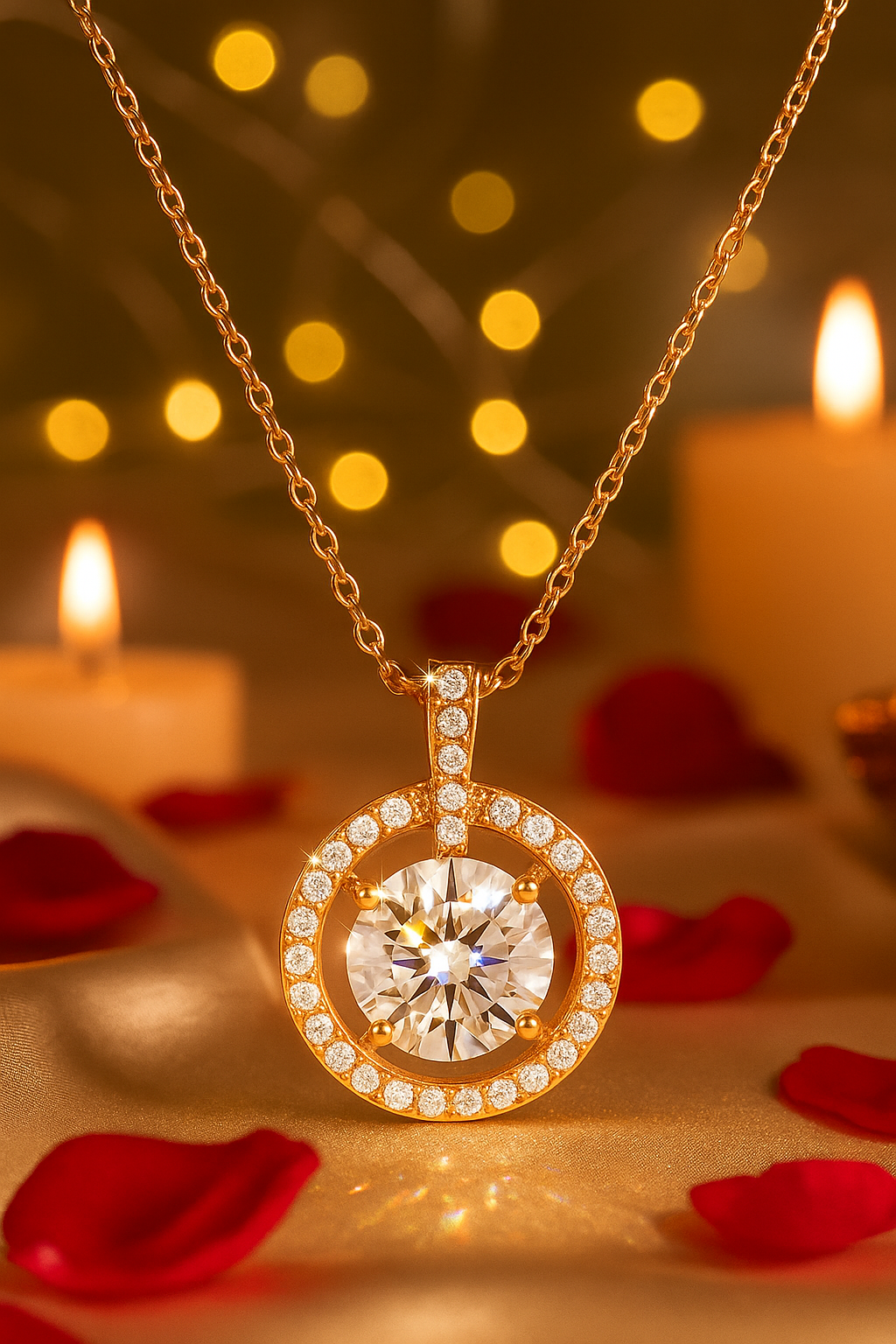 Rose Gold Plated Halo Pendant Necklace for Women – Elegant Round CZ Diamond Design