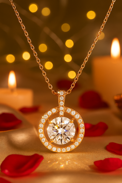 Rose Gold Plated Halo Pendant Necklace for Women – Elegant Round CZ Diamond Design