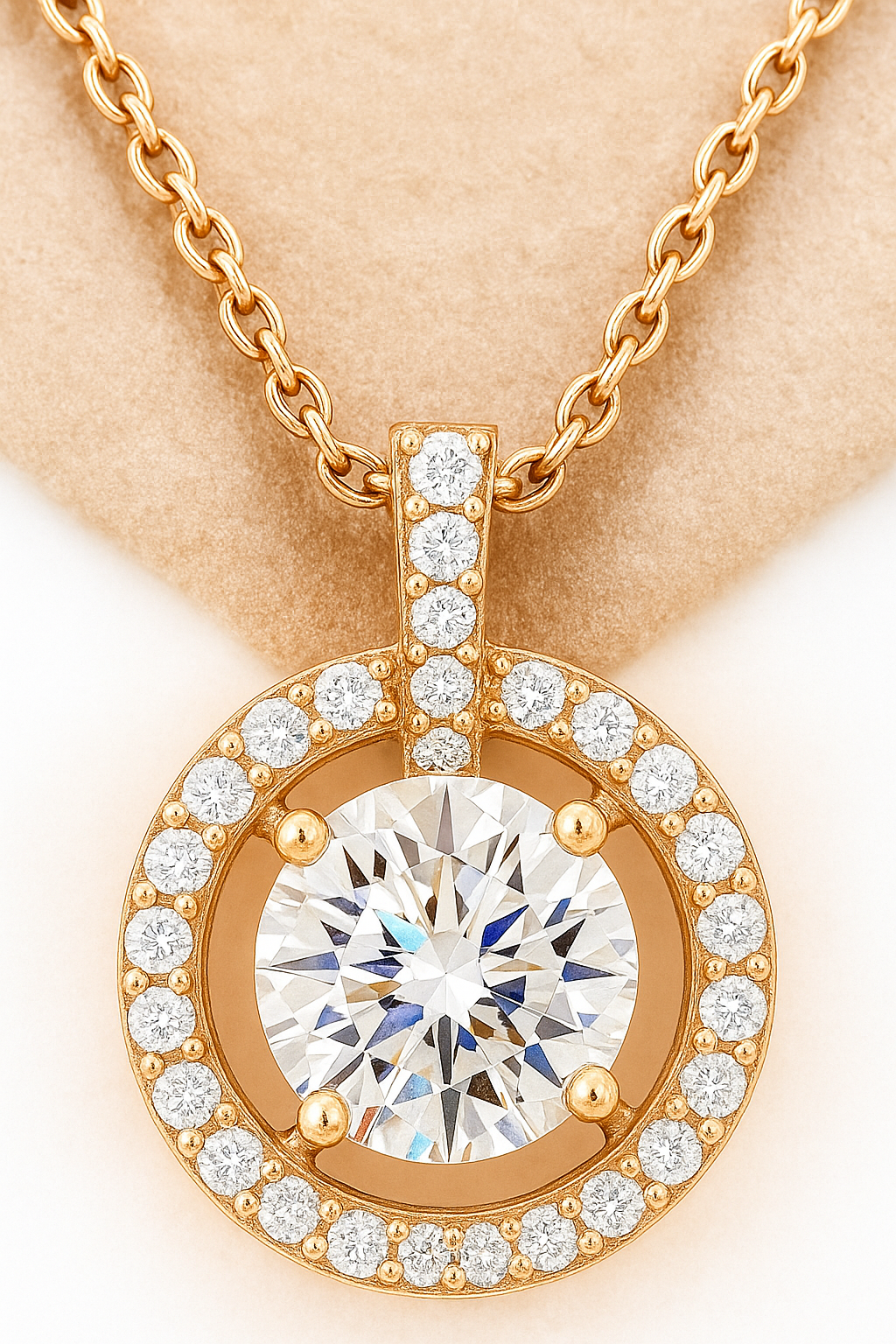 Rose Gold Plated Halo Pendant Necklace for Women – Elegant Round CZ Diamond Design