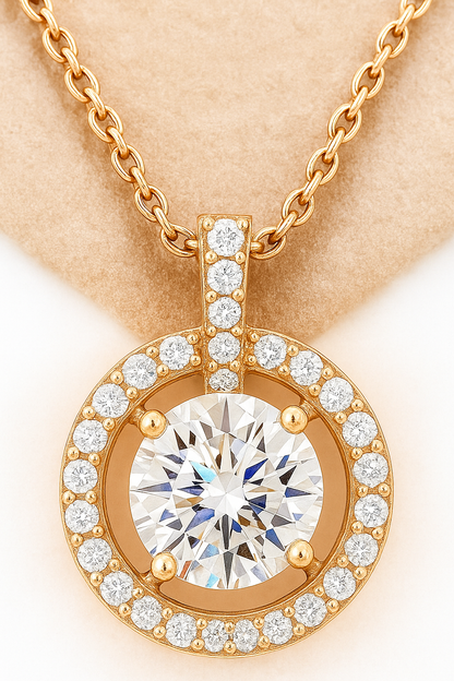 Rose Gold Plated Halo Pendant Necklace for Women – Elegant Round CZ Diamond Design