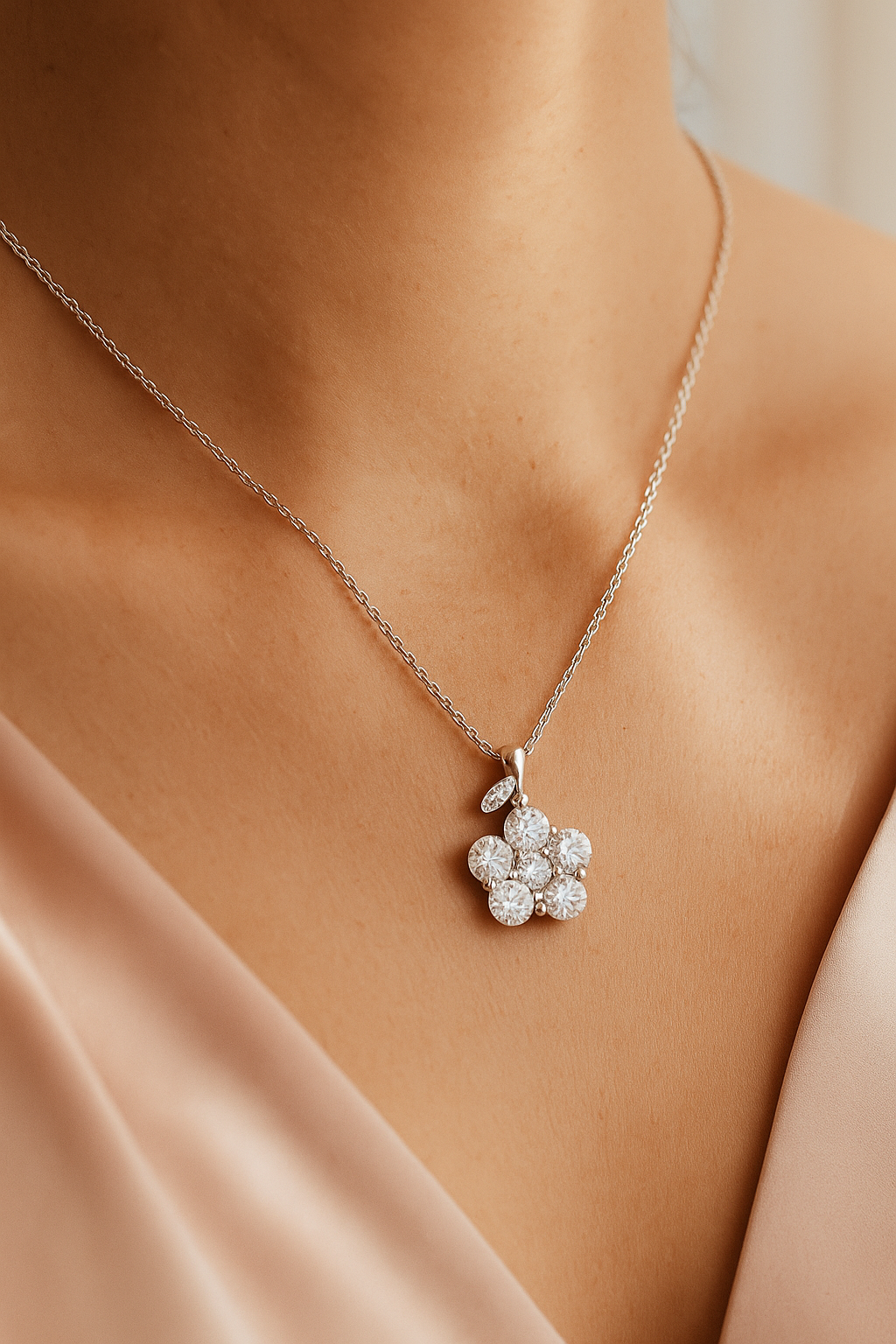 Silver Plated Floral Pendant Necklace for Women – Sparkling CZ Diamond Flower Design