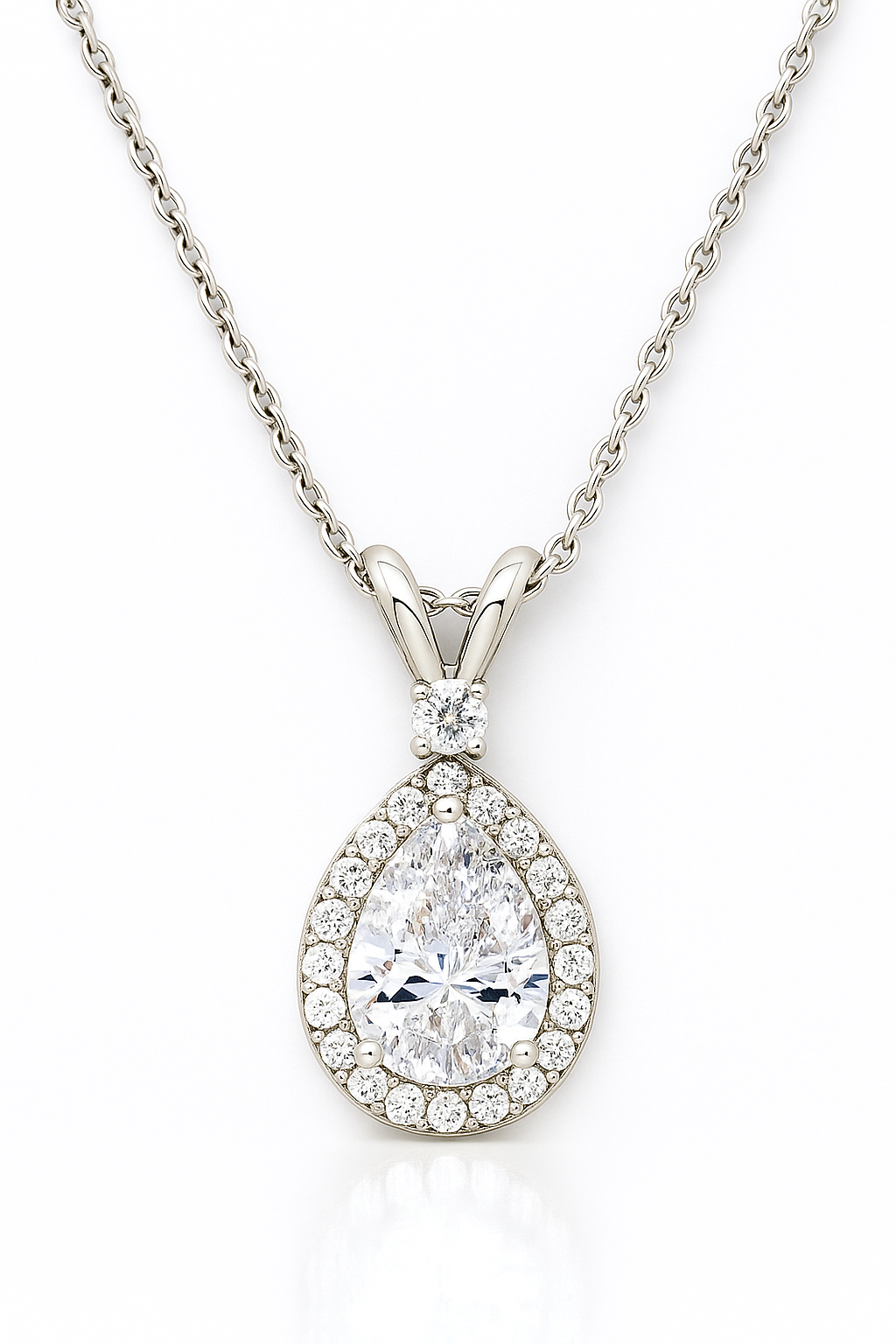 Silver Plated Teardrop Pendant Necklace for Women – Sparkling CZ Diamond Halo Design