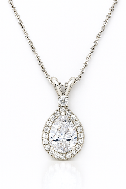 Silver Plated Teardrop Pendant Necklace for Women – Sparkling CZ Diamond Halo Design