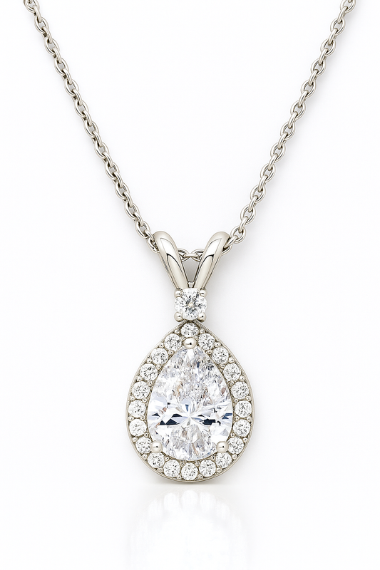 Silver Plated Teardrop Pendant Necklace for Women – Sparkling CZ Diamond Halo Design
