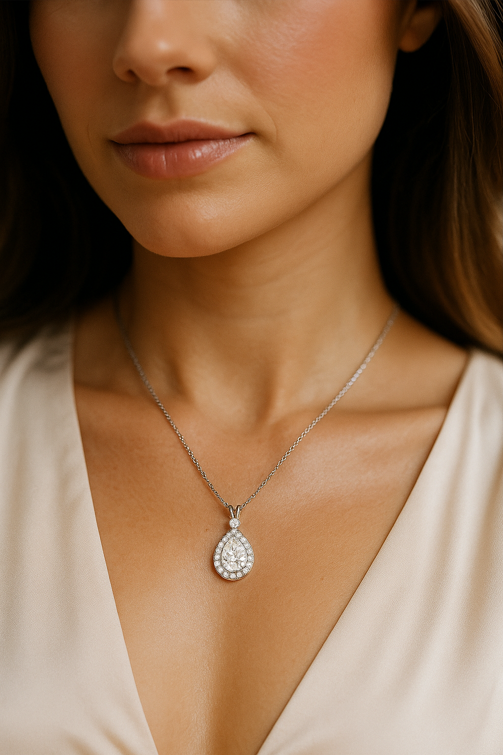 Silver Plated Teardrop Pendant Necklace for Women – Sparkling CZ Diamond Halo Design