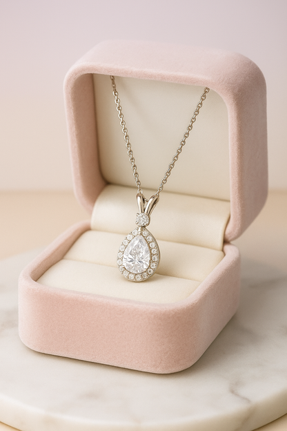 Silver Plated Teardrop Pendant Necklace for Women – Sparkling CZ Diamond Halo Design