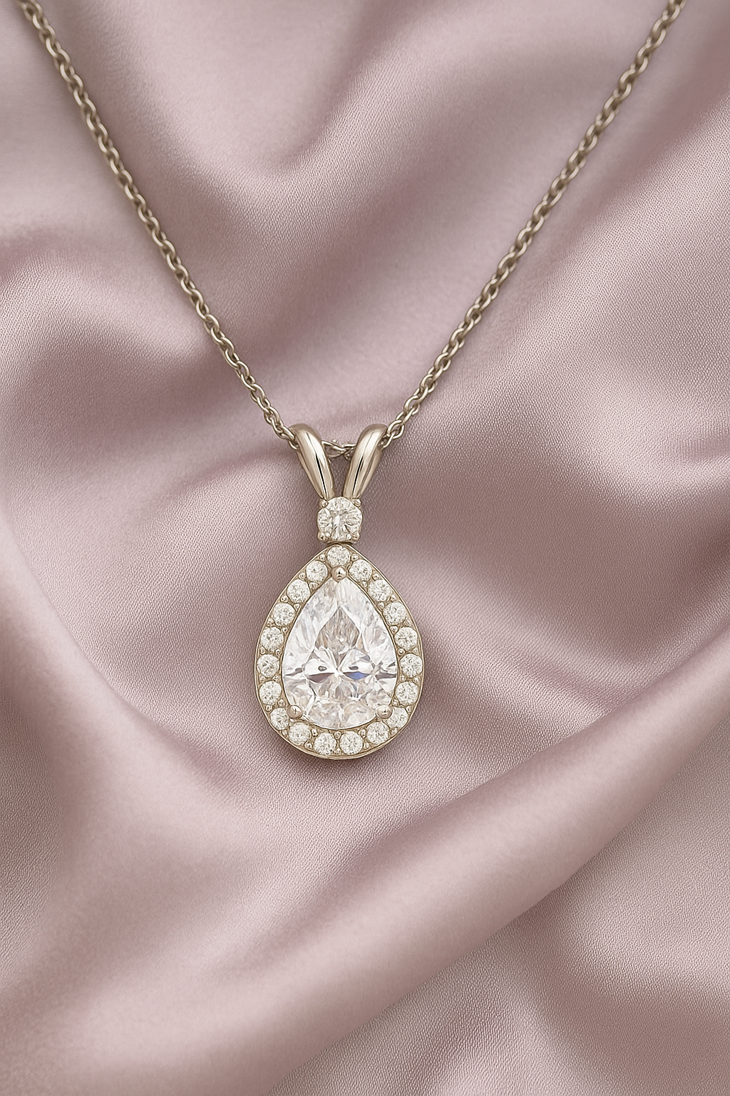 Silver Plated Teardrop Pendant Necklace for Women – Sparkling CZ Diamond Halo Design