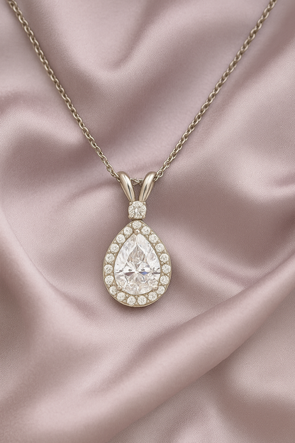 Silver Plated Teardrop Pendant Necklace for Women – Sparkling CZ Diamond Halo Design