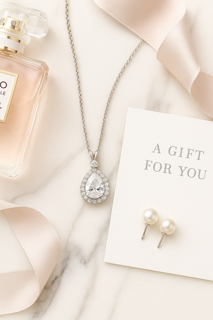 Silver Plated Teardrop Pendant Necklace for Women – Sparkling CZ Diamond Halo Design