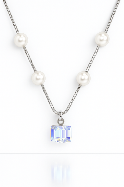 Silver Plated Pearl Chain Necklace with Crystal Pendant for Women – Elegant Party Jewelry