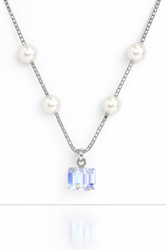 Silver Plated Pearl Chain Necklace with Crystal Pendant for Women – Elegant Party Jewelry