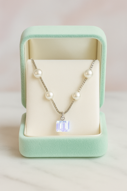 Silver Plated Pearl Chain Necklace with Crystal Pendant for Women – Elegant Party Jewelry