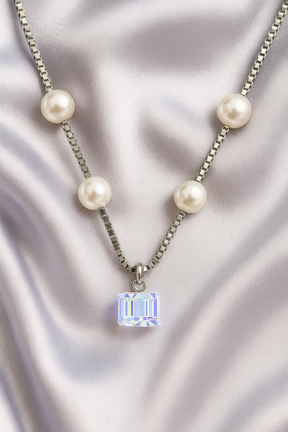 Silver Plated Pearl Chain Necklace with Crystal Pendant for Women – Elegant Party Jewelry