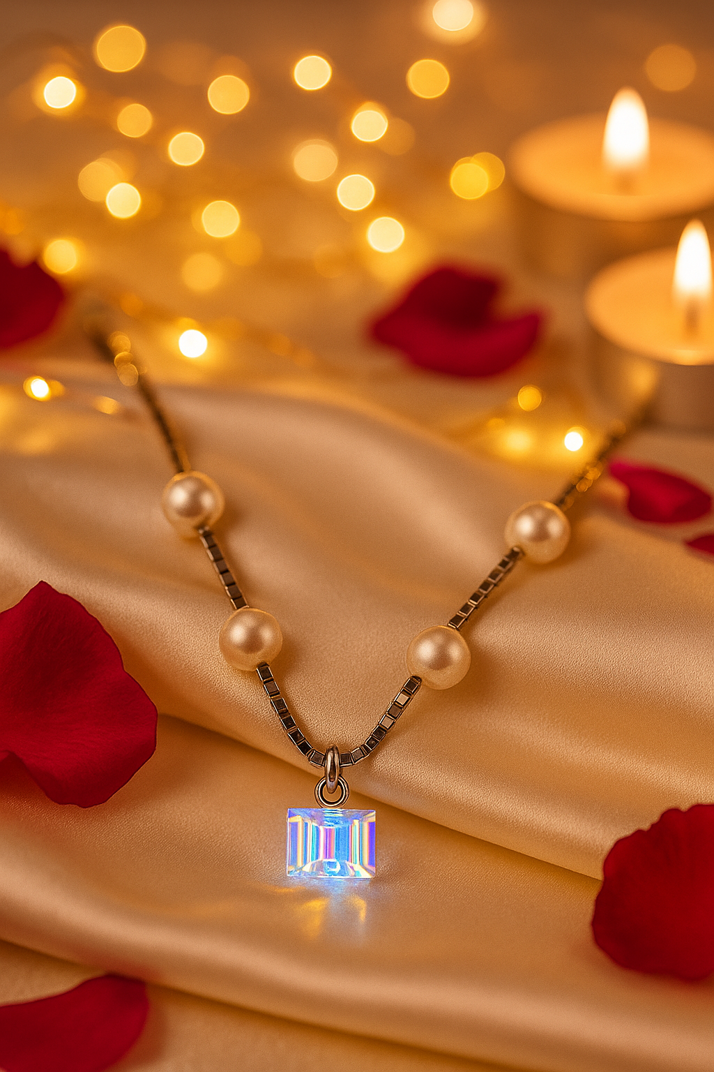 Silver Plated Pearl Chain Necklace with Crystal Pendant for Women – Elegant Party Jewelry