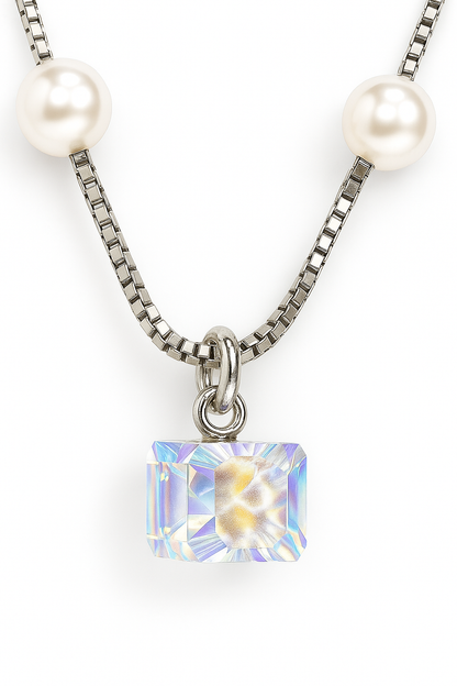 Silver Plated Pearl Chain Necklace with Crystal Pendant for Women – Elegant Party Jewelry