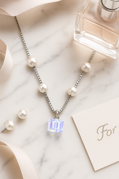 Silver Plated Pearl Chain Necklace with Crystal Pendant for Women – Elegant Party Jewelry