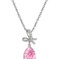Silver Plated Pink Teardrop Pendant Necklace for Women – Elegant Bow Design with CZ Stones