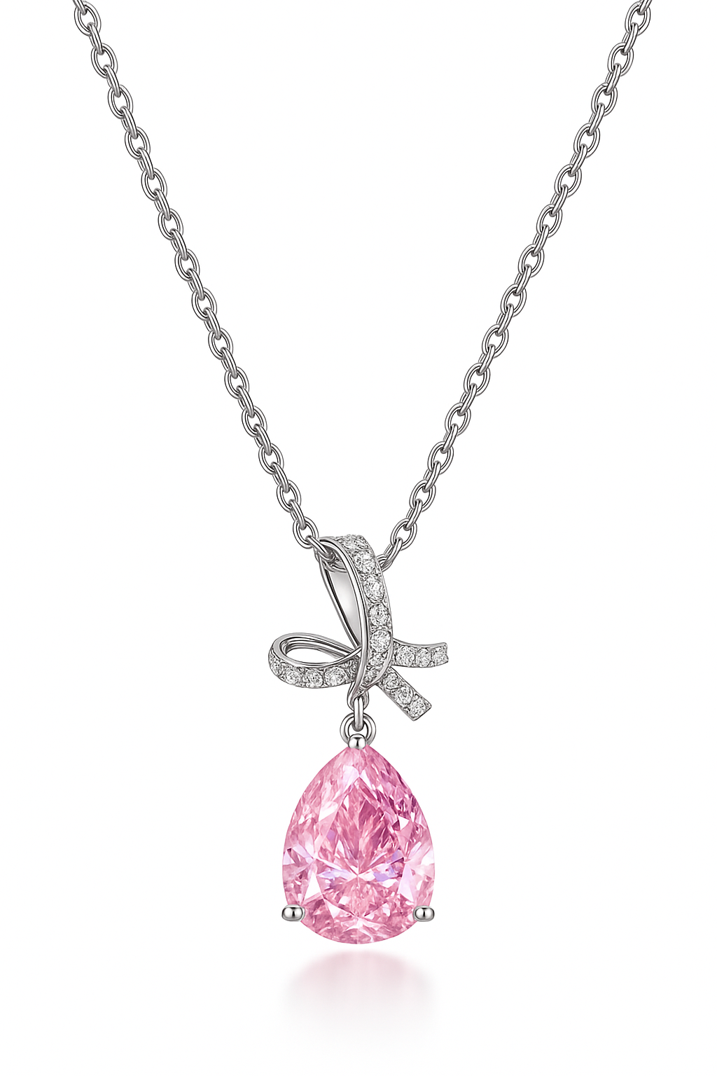 Silver Plated Pink Teardrop Pendant Necklace for Women – Elegant Bow Design with CZ Stones