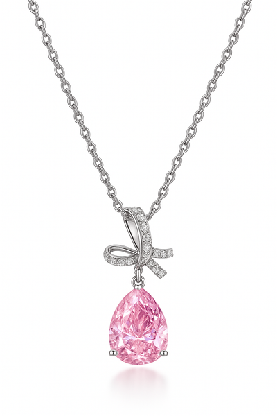 Silver Plated Pink Teardrop Pendant Necklace for Women – Elegant Bow Design with CZ Stones