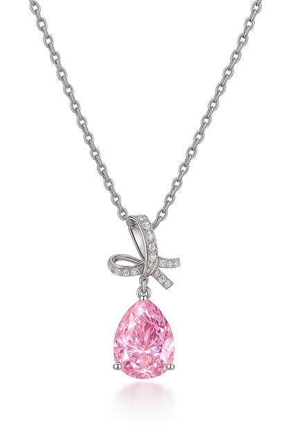 Silver Plated Pink Teardrop Pendant Necklace for Women – Elegant Bow Design with CZ Stones