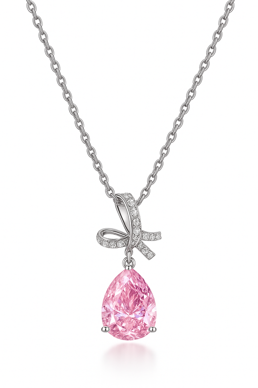 Silver Plated Pink Teardrop Pendant Necklace for Women – Elegant Bow Design with CZ Stones