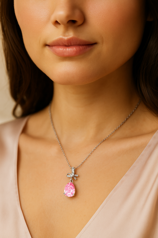 Silver Plated Pink Teardrop Pendant Necklace for Women – Elegant Bow Design with CZ Stones