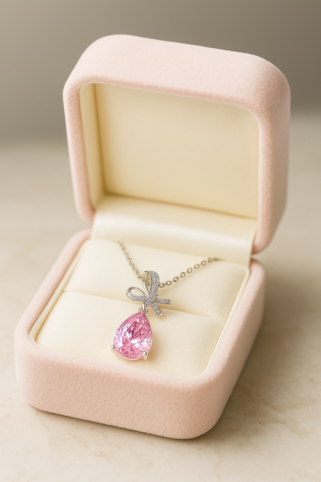 Silver Plated Pink Teardrop Pendant Necklace for Women – Elegant Bow Design with CZ Stones