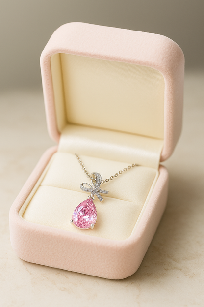 Silver Plated Pink Teardrop Pendant Necklace for Women – Elegant Bow Design with CZ Stones