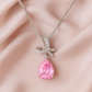 Silver Plated Pink Teardrop Pendant Necklace for Women – Elegant Bow Design with CZ Stones