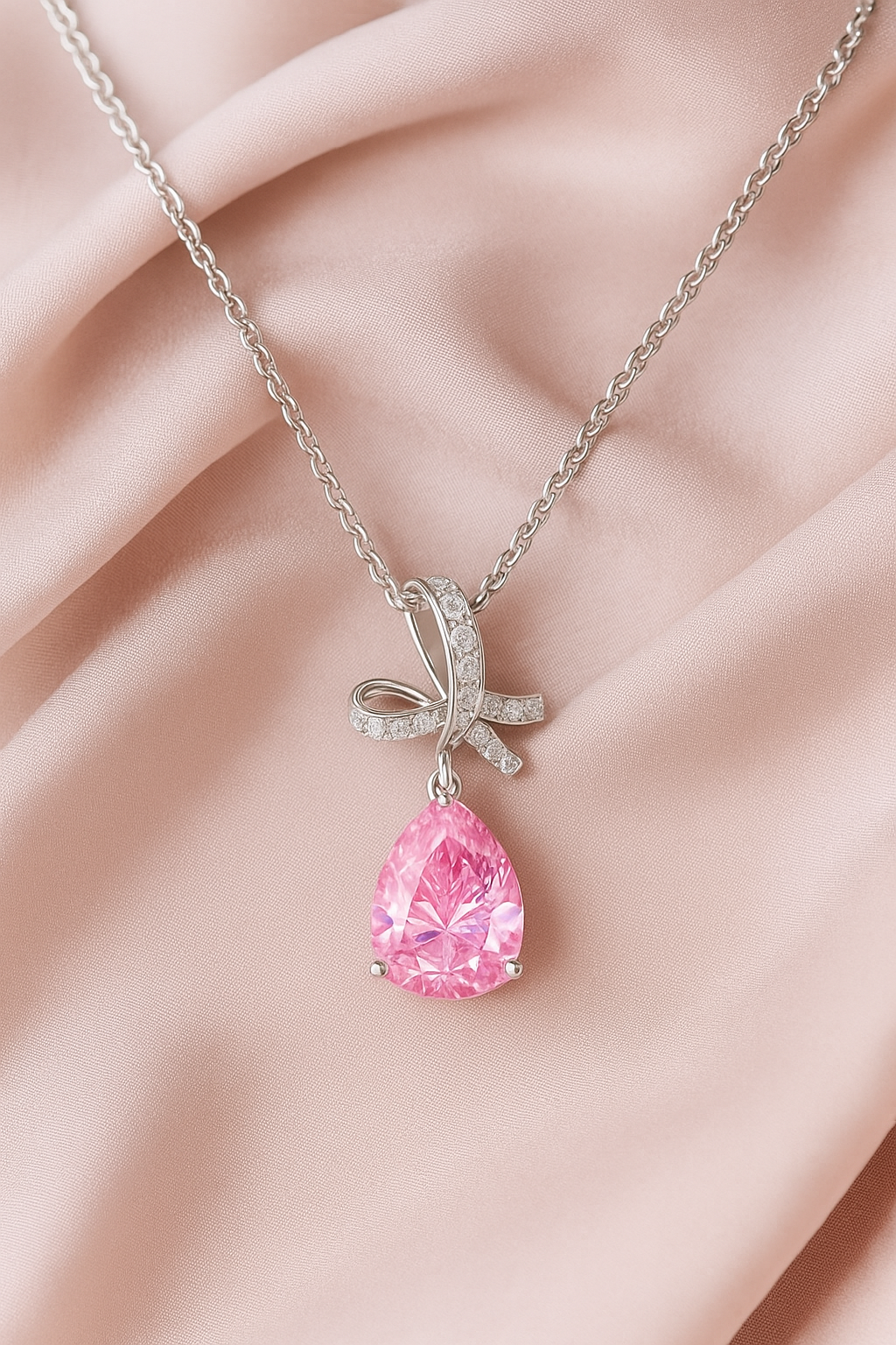 Silver Plated Pink Teardrop Pendant Necklace for Women – Elegant Bow Design with CZ Stones
