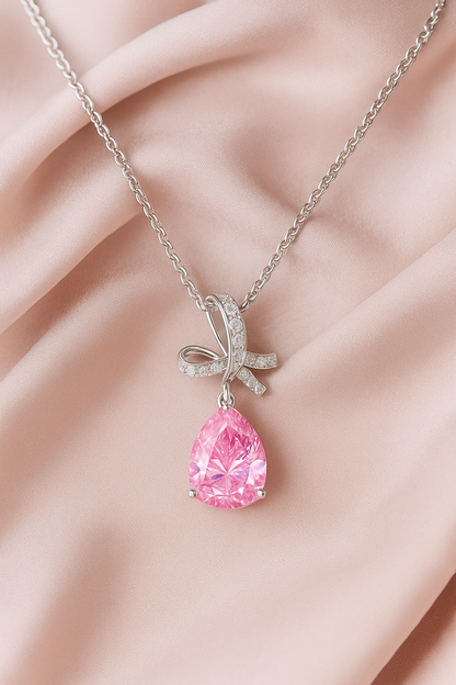 Silver Plated Pink Teardrop Pendant Necklace for Women – Elegant Bow Design with CZ Stones