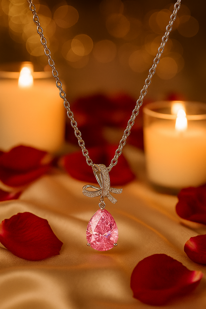 Silver Plated Pink Teardrop Pendant Necklace for Women – Elegant Bow Design with CZ Stones