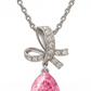 Silver Plated Pink Teardrop Pendant Necklace for Women – Elegant Bow Design with CZ Stones