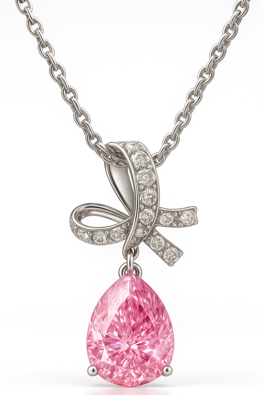 Silver Plated Pink Teardrop Pendant Necklace for Women – Elegant Bow Design with CZ Stones