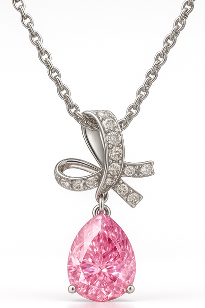 Silver Plated Pink Teardrop Pendant Necklace for Women – Elegant Bow Design with CZ Stones