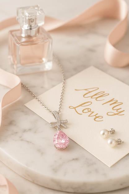 Silver Plated Pink Teardrop Pendant Necklace for Women – Elegant Bow Design with CZ Stones