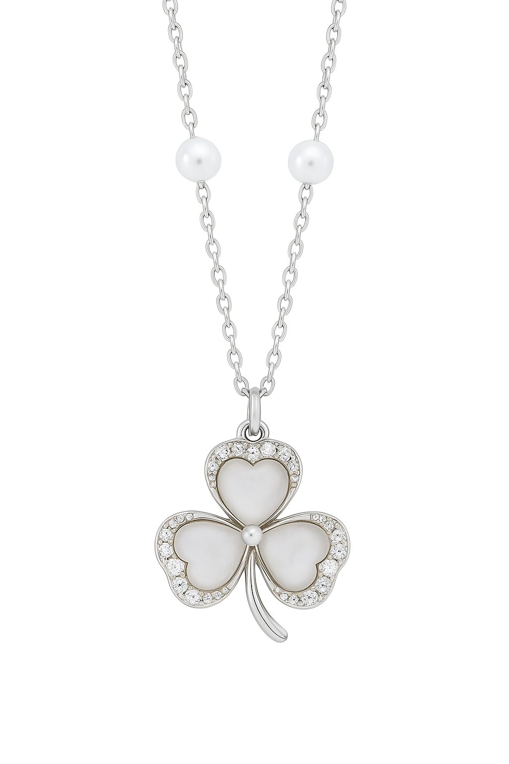 Clover Design Pearl and Zircon Pendant Necklace for Women 925 Silver Finish Elegant Lucky Charm Chain
