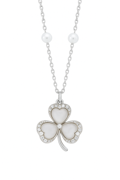 Clover Design Pearl and Zircon Pendant Necklace for Women 925 Silver Finish Elegant Lucky Charm Chain