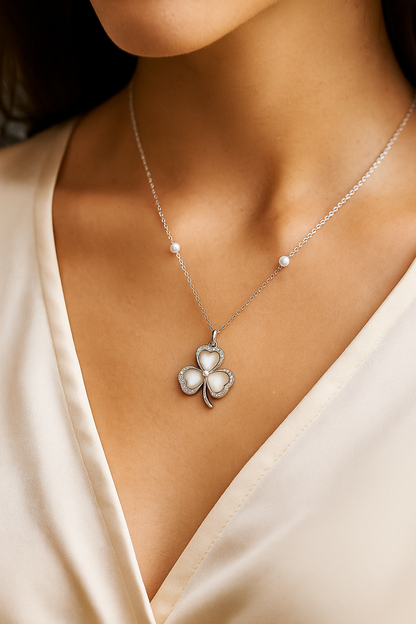 Clover Design Pearl and Zircon Pendant Necklace for Women 925 Silver Finish Elegant Lucky Charm Chain