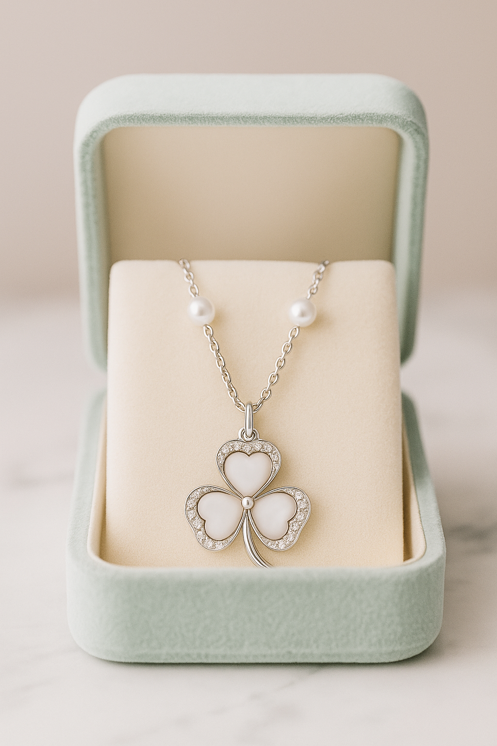 Clover Design Pearl and Zircon Pendant Necklace for Women 925 Silver Finish Elegant Lucky Charm Chain