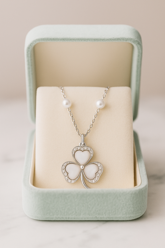 Clover Design Pearl and Zircon Pendant Necklace for Women 925 Silver Finish Elegant Lucky Charm Chain