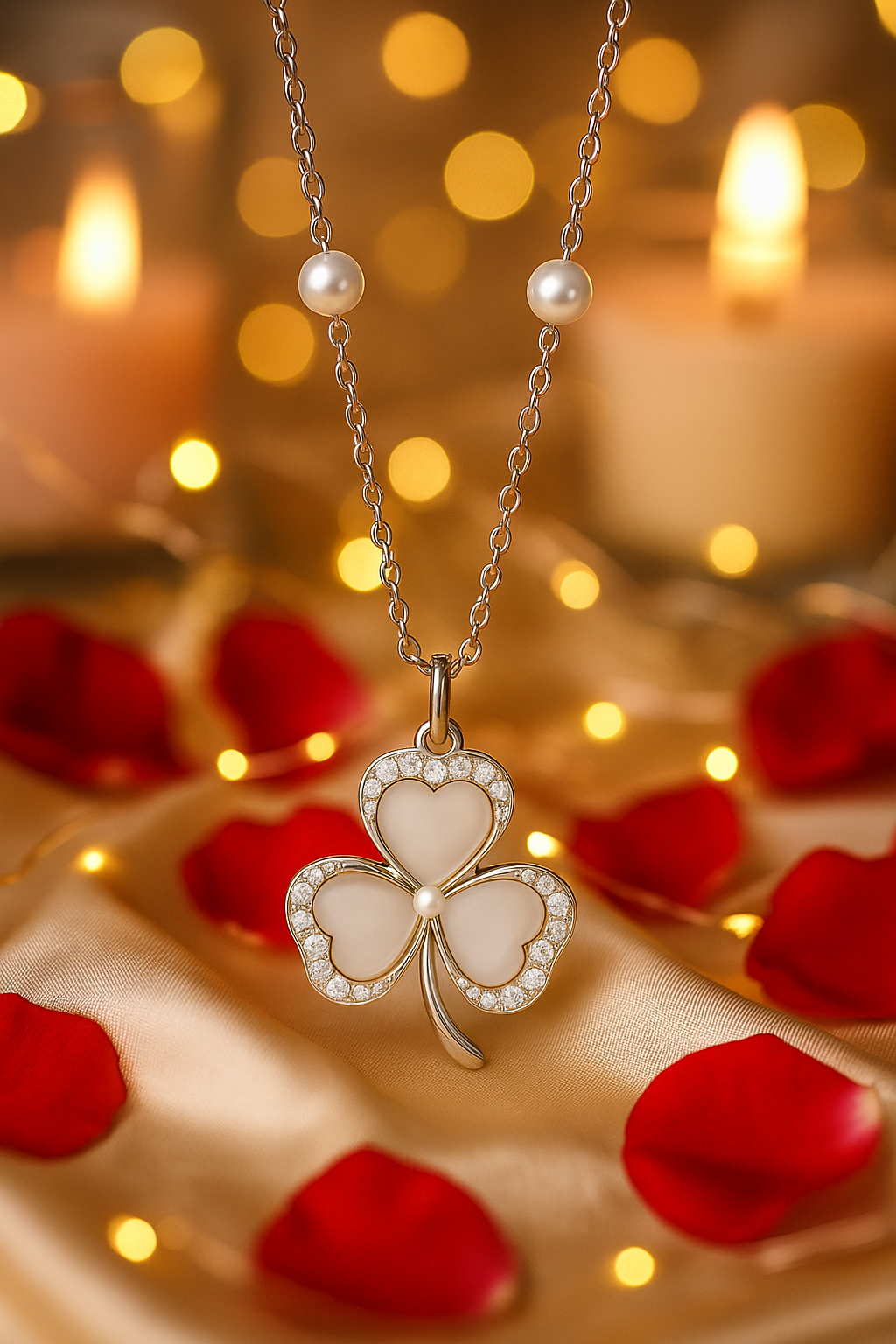 Clover Design Pearl and Zircon Pendant Necklace for Women 925 Silver Finish Elegant Lucky Charm Chain