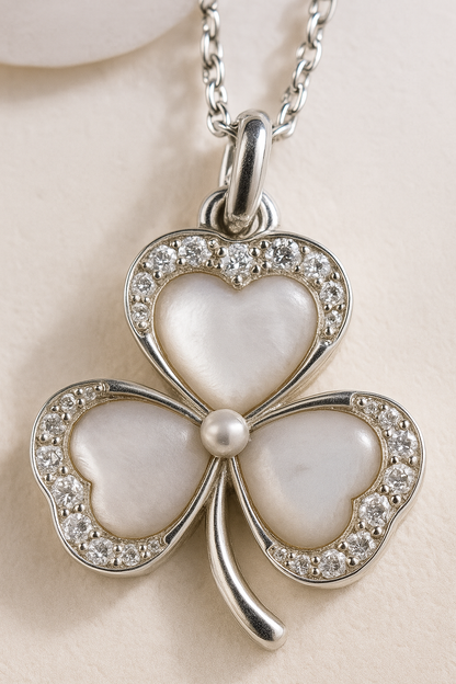 Clover Design Pearl and Zircon Pendant Necklace for Women 925 Silver Finish Elegant Lucky Charm Chain