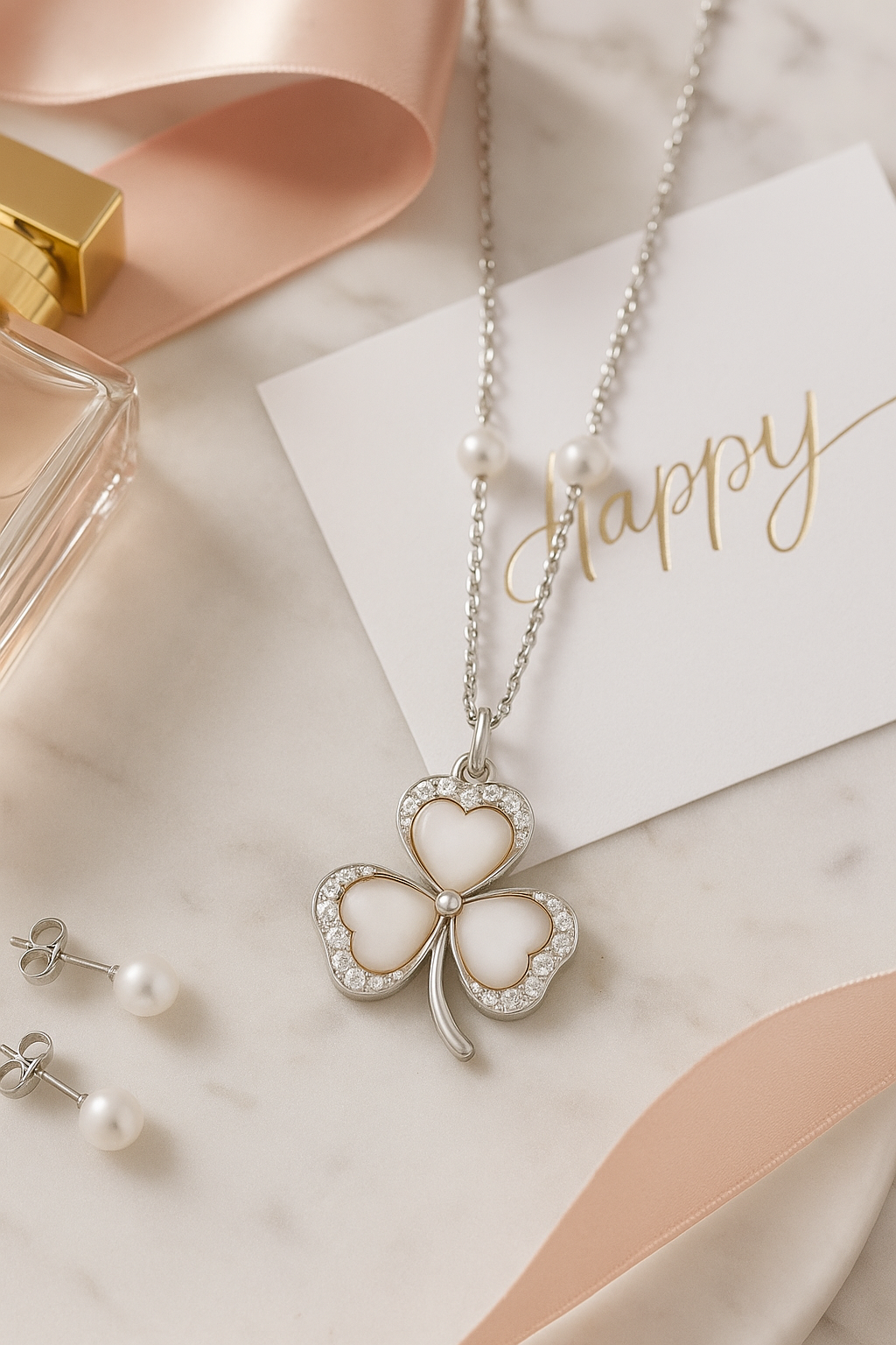 Clover Design Pearl and Zircon Pendant Necklace for Women 925 Silver Finish Elegant Lucky Charm Chain