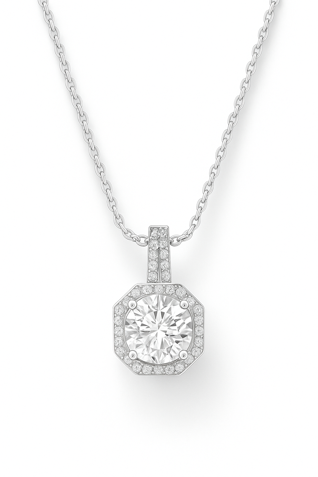 Octagon Halo Solitaire Zircon Pendant Necklace for Women 925 Silver Finish Elegant Party and Daily Wear Chain